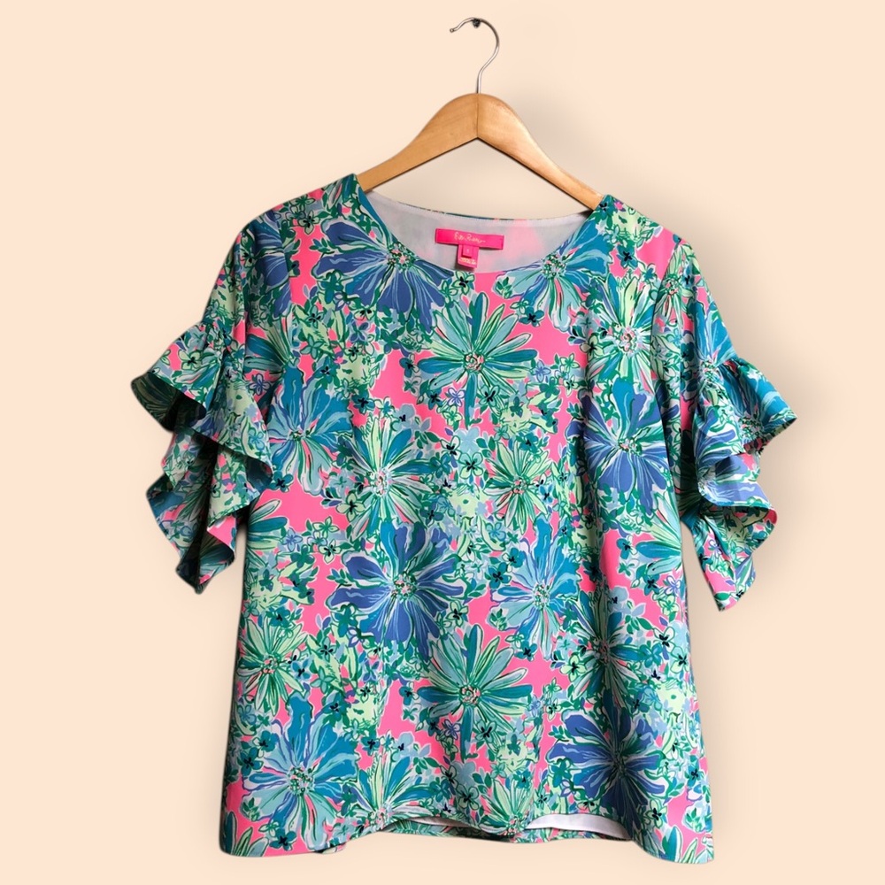 Lilly Pulitzer Darlah Lileeze Top Soleil Pink Good Hare Day Floral Women’s Small